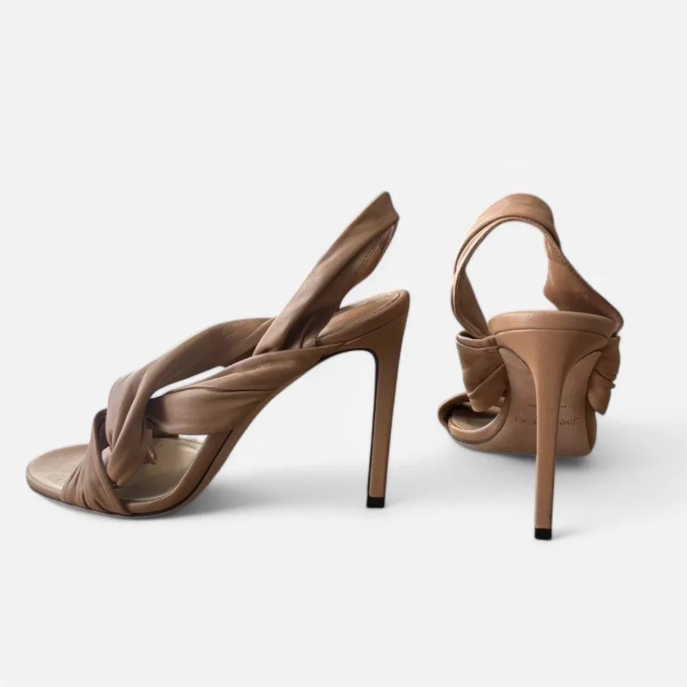 Jimmy Choo Tan Heeled Sandals with Woven Strap Design size 6.5